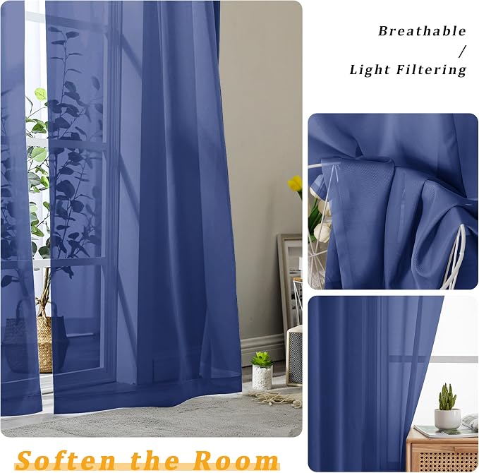 Gwine Royal Blue Sheer Curtains 84 Inches Long 2 Panels Set - Image 3