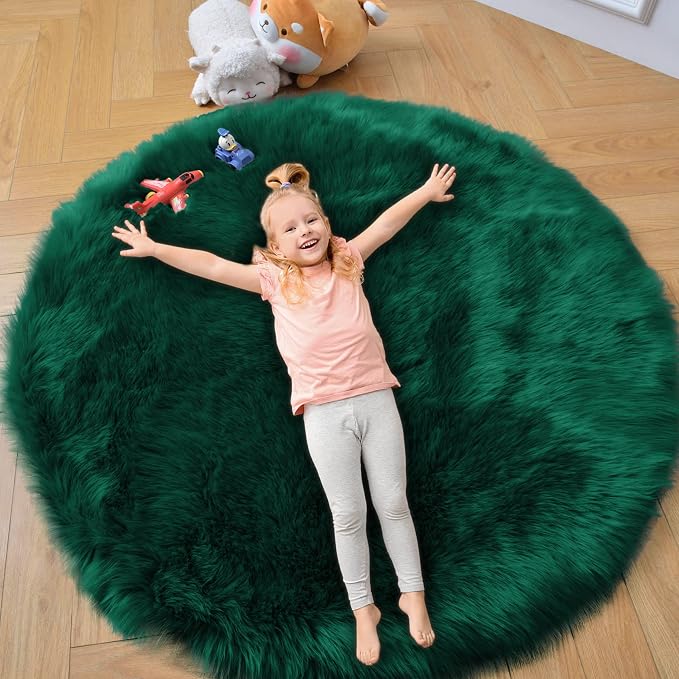 duduta Emerald Green Faux Sheepskin Round Rug 4x4 ft, Fluffy Shag Fur Bedroom - Image 6
