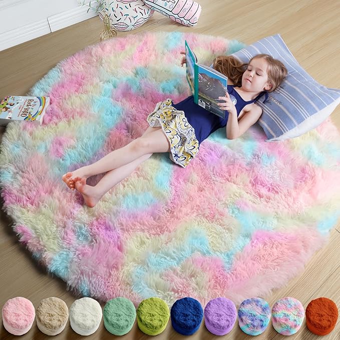 Amdrebio Rainbow Fluffy Round Rug 4Ft Kids Rugs by Amdrebio