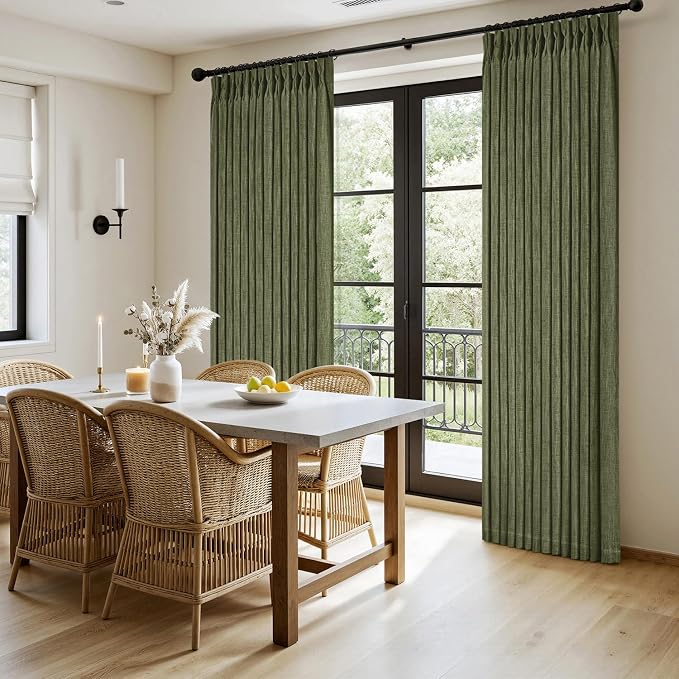 MIULEE Olive Green Pinch Pleated Thick Linen Curtains 102 Inches Long 2 Panels - Image 3