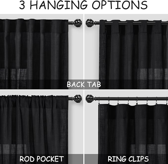 Solid Black Curtains 96 Inches Long 2 Panel Set Back Tab Sheer Black Linen - Image 4