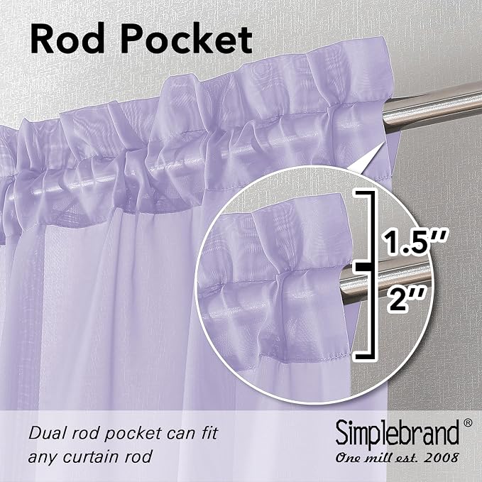 Simplebrand Lavender Sheer Curtains 63 Inch Length 2 Panels, Rod Pocket Solid - Image 2