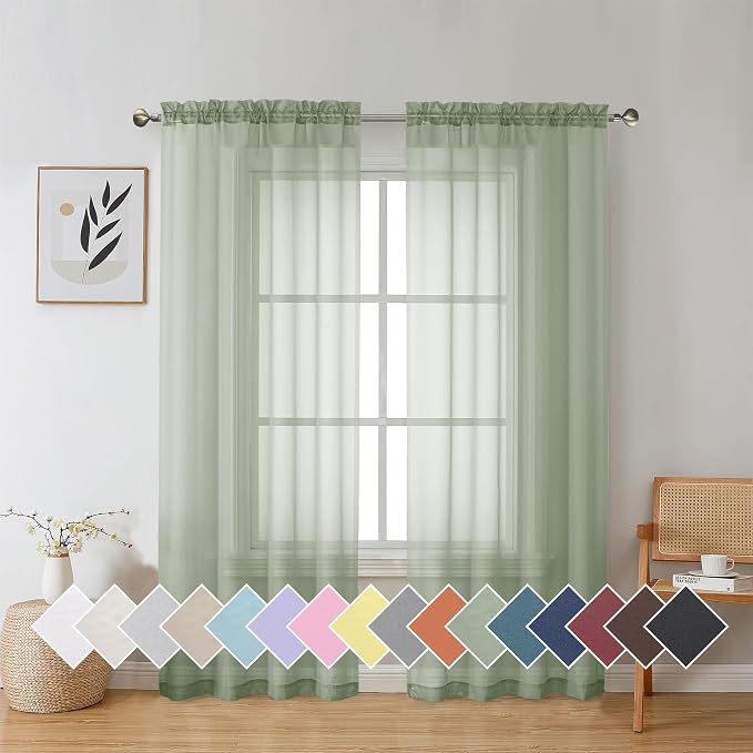 Aiyufeng Sage Green Sheer Voile Window Treatment Rod Pocket Curtain Panels by Aiyufeng