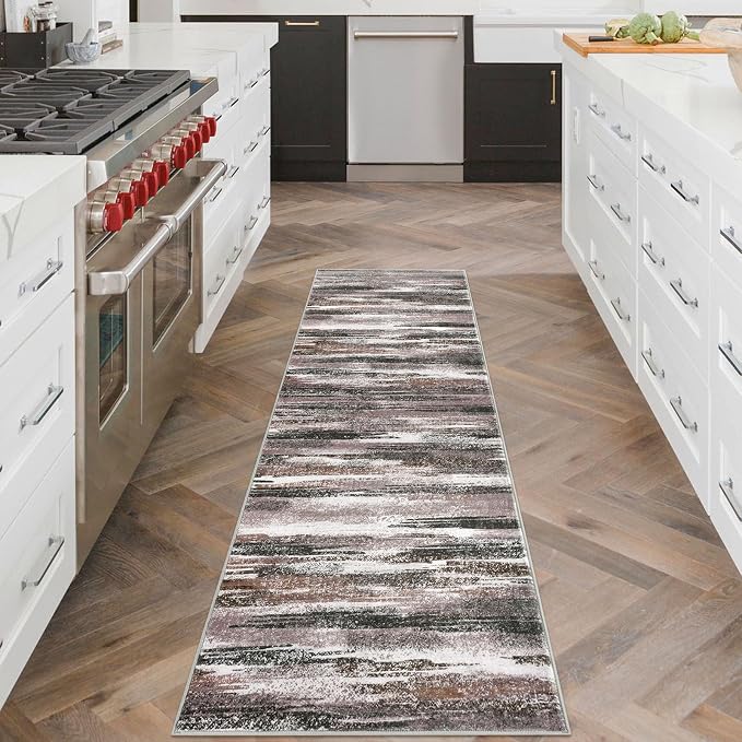 Lansny Modern Abstract Runner Rug 2x6, Dark Light Brown White Washable Kitchen - Image 2