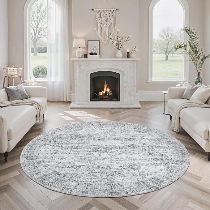 Soalmost 5x5 Grey Round Rug 5ft Living Room Circle Rug Vintage Gray Round Area - Image 8