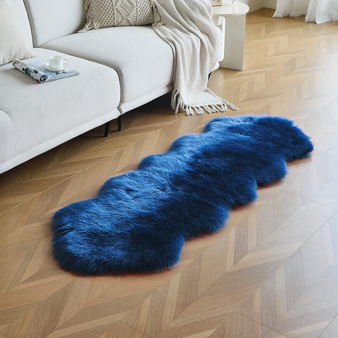 duduta Navy Blue Faux Sheepskin Runner Rugs 2x6 ft, Fluffy Shag Bedroom Bedside - Image 7
