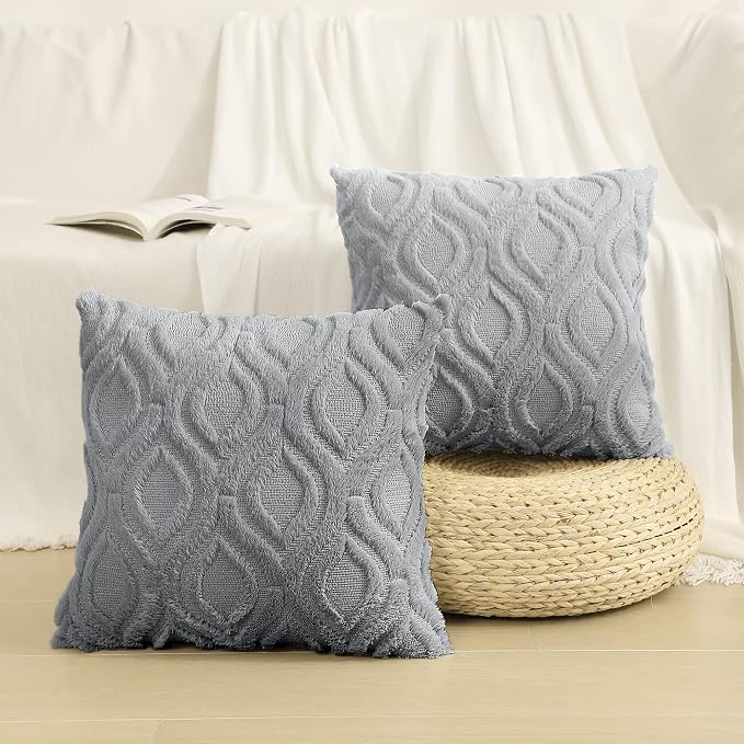 decorUhome Throw Pillow Covers 18x18 Inch Set of 2, Soft Plush Faux Wool Grey - Image 7