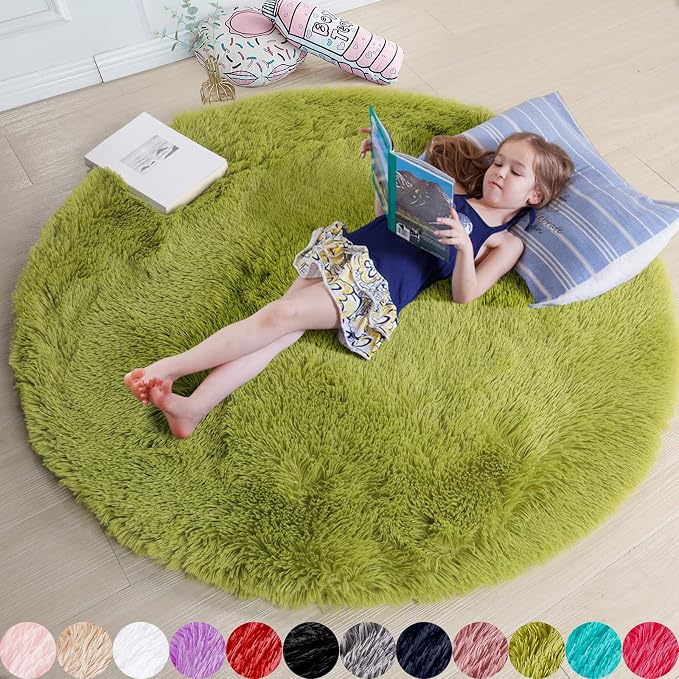 Grass Green Round Rug 4Ft for Bedroom, Fluffy Shag Circle Area Rugs for Kids by Amdrebio