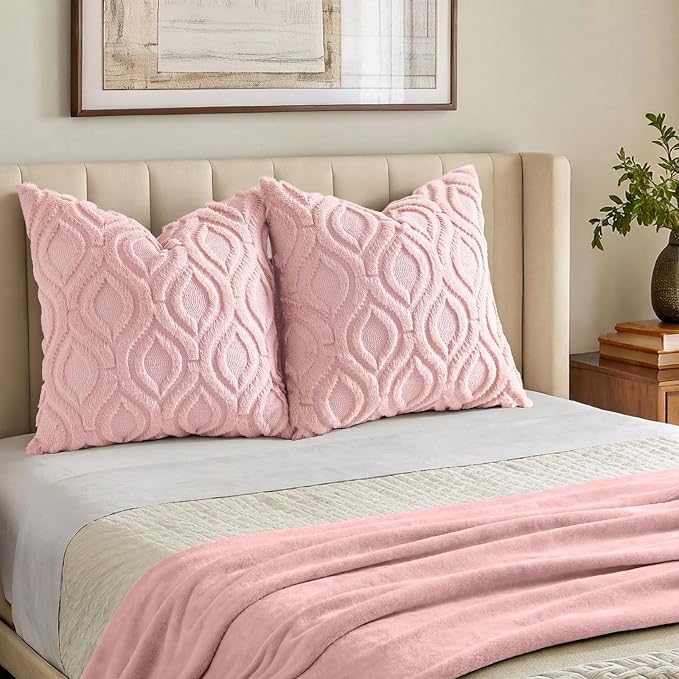 decorUhome Throw Pillow Covers 20x20 Inch Set of 2, Soft Plush Faux Wool Pink - Image 7