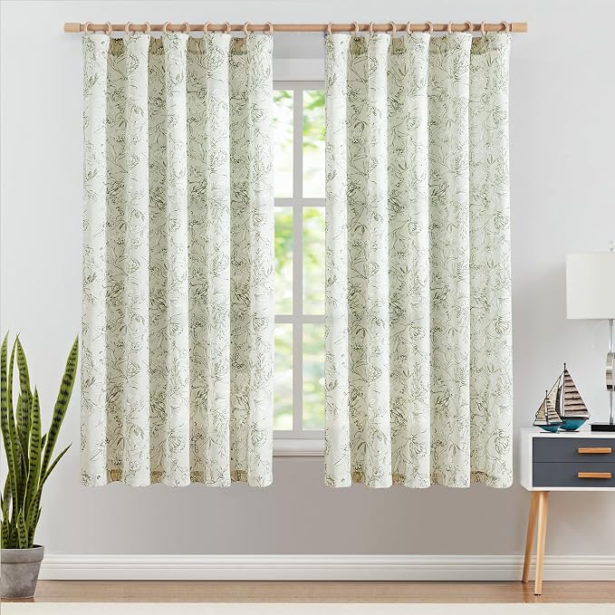 jinchan Floral Curtains 63 Inch Length Sage Green Flower Linen Farmhouse Curtain - Image 2