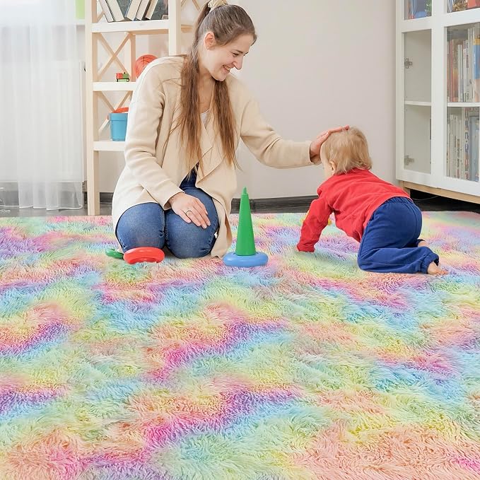Fluffy Rainbow Colorful Area Rug - Image 3