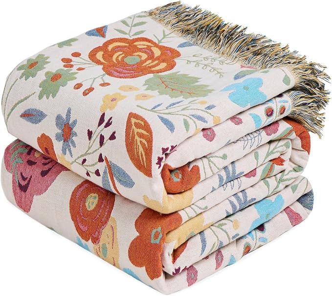 MSGKV Boho Throw Blanket for Bed Twin Size 100% Cotton Floral Blanket 60"x80" by MSGKVHomeTextiles