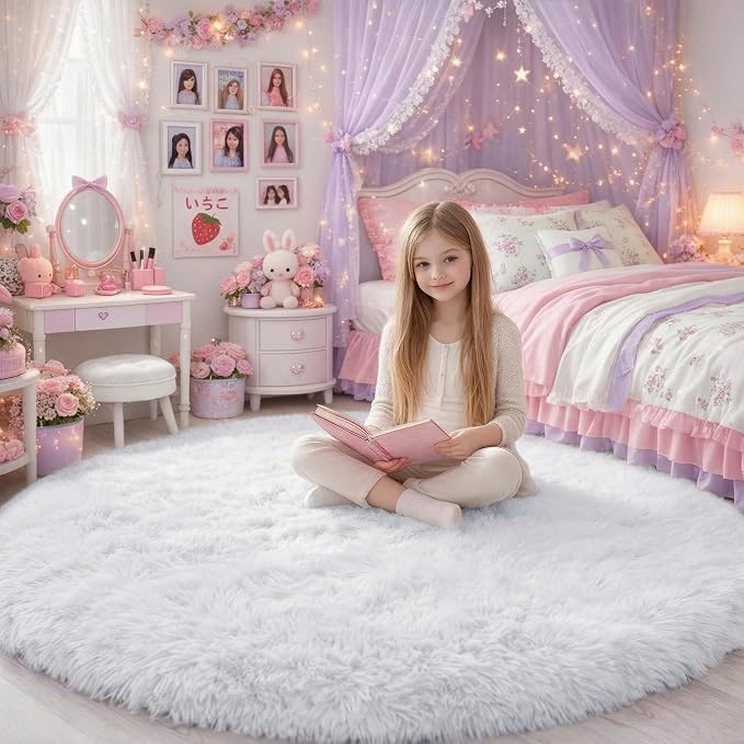 White Round Rug 6Ft for Bedroom, Circular Circle Area Rugs for Living Room by Amdrebio