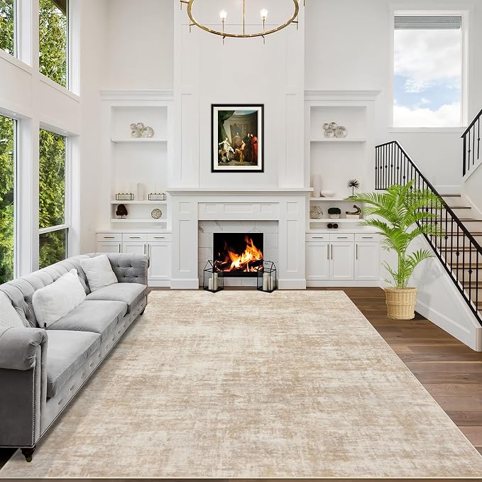 4x6 Area Rugs for Living Room: Washable Abstract Beige Badroom Carpet | by GENTDRIZZ