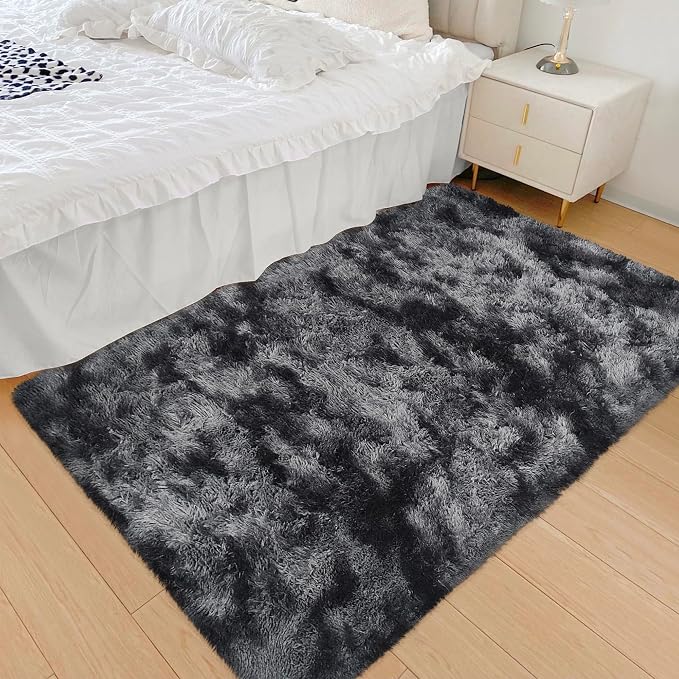 Small Tie-Dyed Area Rug for Bedroom 3x5 Mini Black Grey Fluffy Rug Mat Bedside - Image 4