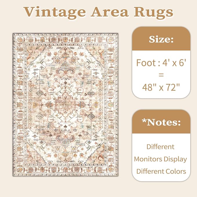 SERISSA 4x6 Boho Bedroom Rug, Washable Non Slip Vintage Peach Cream Area Rugs - Image 7