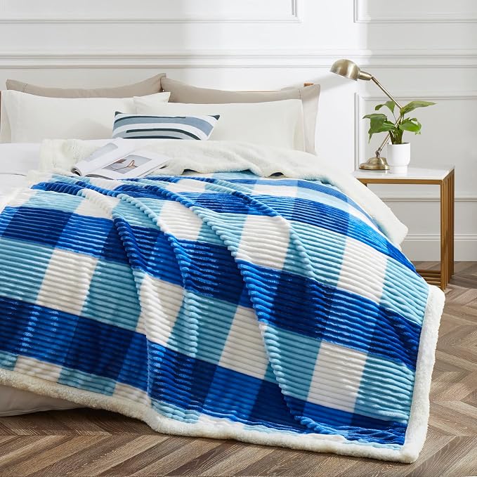 PU MEI Sherpa Blanket Twin Plaid Thick Bed Blanket, 90”*80” Super Soft Flannel - Image 2