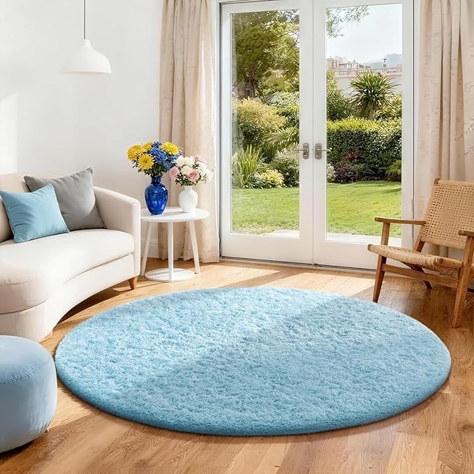 Ophanie Round Rug 4Ft Light Blue Circle Area Rugs, Fluffy Fuzzy Small Bedroom by Ophanie