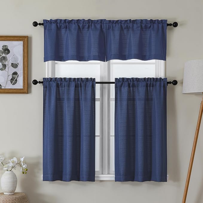 Chyhomenyc Blue Valance for Windows, Light Filtering Faux Linen Textured Small - Image 2