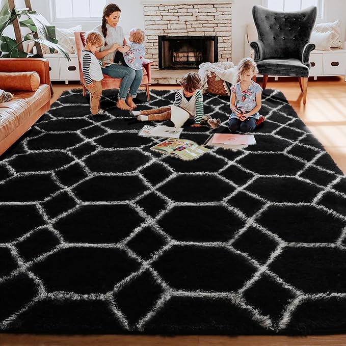 5x7 Area Rugs for Living Room Bedroom, Fluffy Black and White Geometric Rug | - Image 8