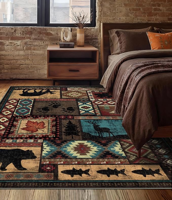 YIHOUSE Rustic Cabin Area Rug 5x7, Machine Washable Lodge Bear Rug, Non-Slip - Image 3