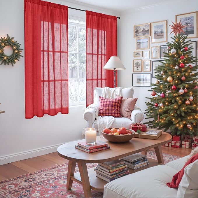 BGment Red Linen Curtains 54 Inch Length - Image 2