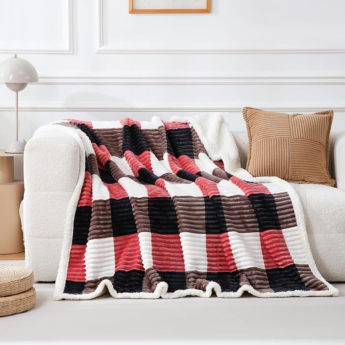 PU MEI Sherpa Blanket Twin Plaid Thick Bed Blanket, 60”*80” Super Soft Flannel - Image 2