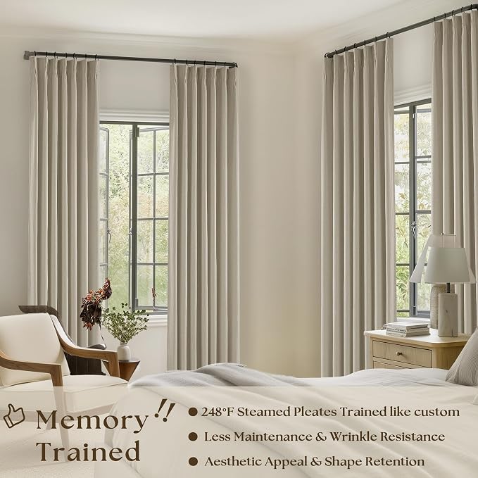 Burlywood Birch Black Out Pleated Linen Curtains 102 Inches Long 2 Panels | 2 - Image 2