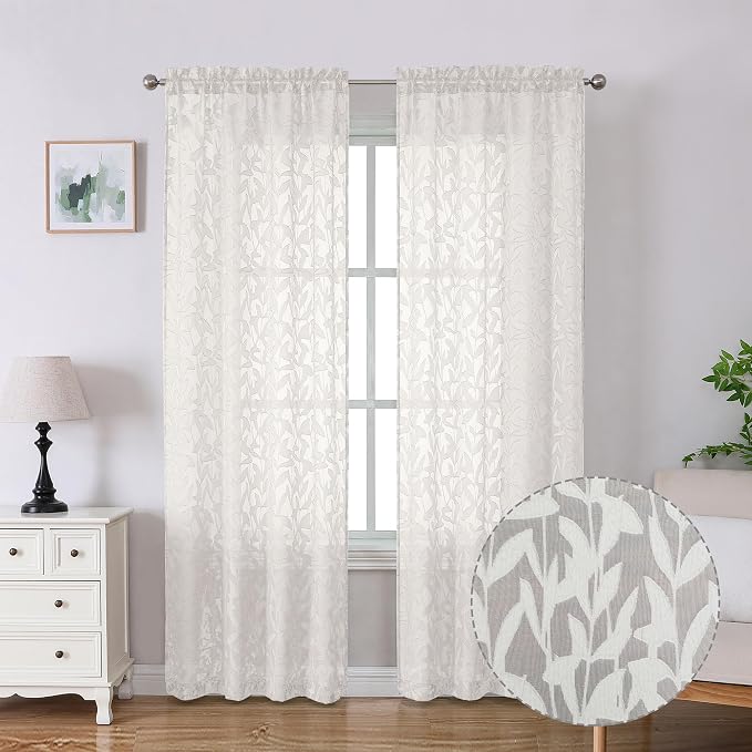Lecloud Leia Texture Semi Sheer Ivory Curtains 84 Inches Long 2 Panels by Lecloud