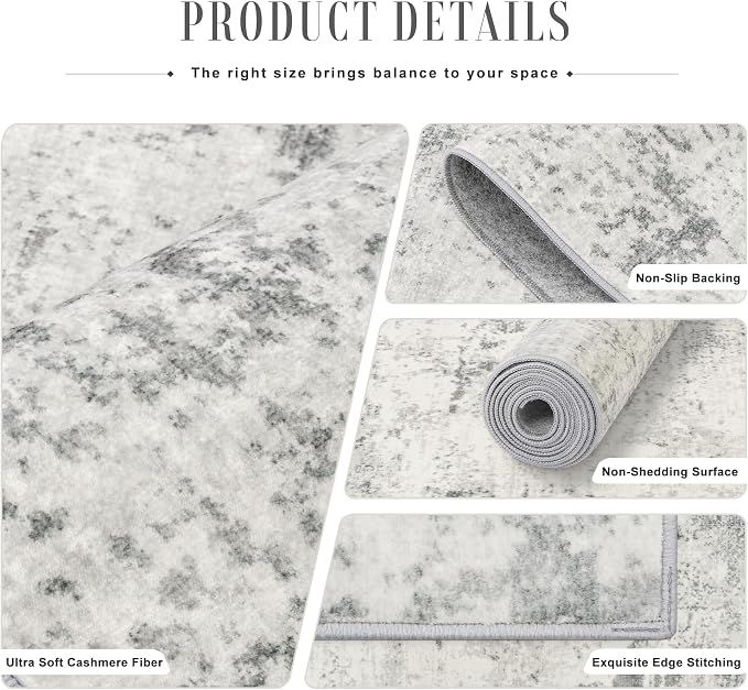 2.6x10 Washable Runner Rug:Modern Abstract Indoor Soft Carpet Gray | - Image 5