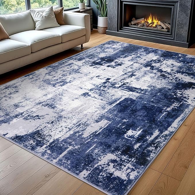 KOZYFLY Modern Abstract Area Rugs 8x10 Navy Blue Machine Washable Thin Rug by KOZYFLY