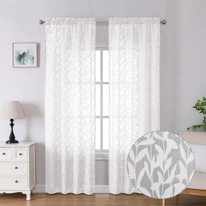 Lecloud Leia White Sheer Curtains 90 Inches Long 2 Panels, Breathable Jacquard by Lecloud