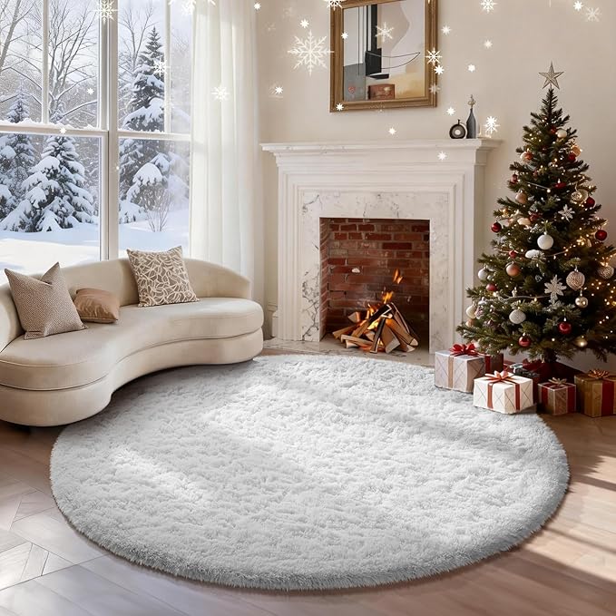Ophanie White Round Rug 5Ft Circle Area Rug, Aesthetic Room Decor, Fluffy Fuzzy by Ophanie