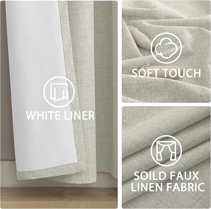 Yakamok Cream Linen Curtains 100% Blackout 96 Inches Long, Room Darkening - Image 6