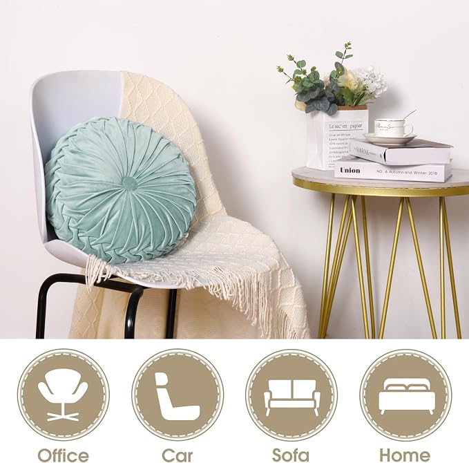 HIG Set of 2 Aqua Ruched Velvet Round Throw Pillows – 14.5’’ Decorative Pillows - Image 4