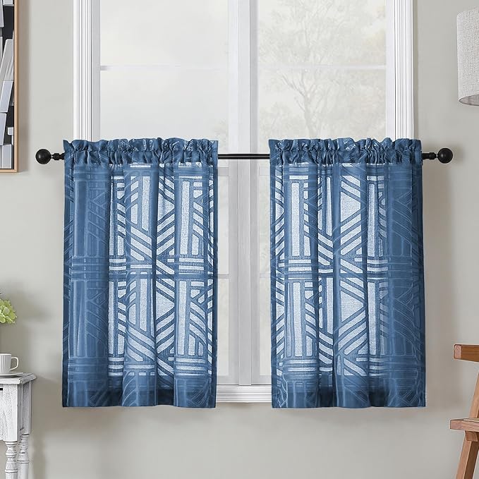 Simplebrand Semi Sheer Dusty Blue Curtains 30 Inch Length 2 Panels, Geometric by Simplebrand