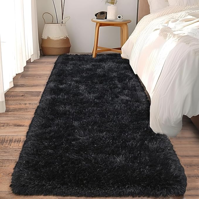 Soft Runner Rugs for Bedroom Hallways, 2x6 Black Fluffy Shag Throw Area Rug Non - Image 2