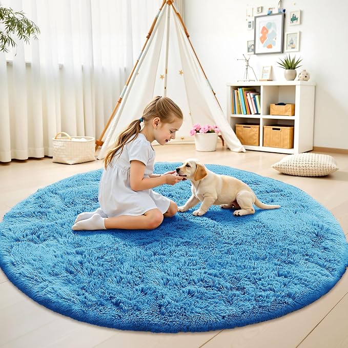 OLANLY Bright Blue Round Rugs for Bedroom - Image 2