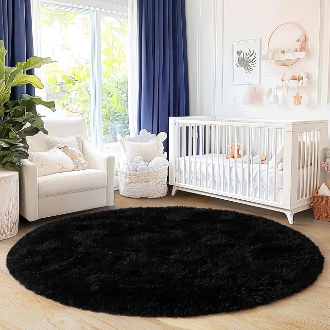5'x5' Black Round Rug for Bedroom, Ultra Soft Fluffy Circle Rug for Kids Girls - Image 7