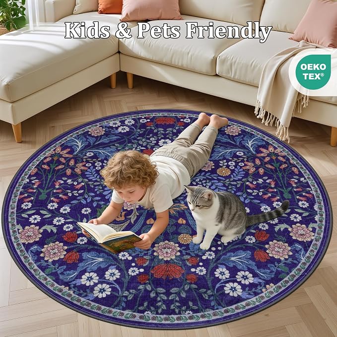 Round Area Rug for Living Room: 4 ft Floral Washable Circle Rug Soft Boho - Image 8