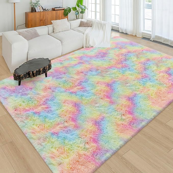 Fluffy Rainbow Colorful Area Rug - Image 5