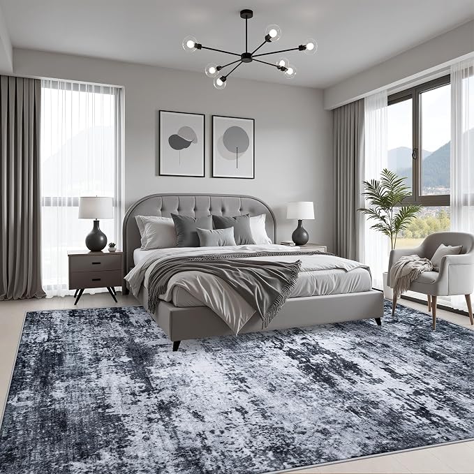 5x7 Area Rug Living Room: Modern Washable Indoor Carpet Black | - Image 3