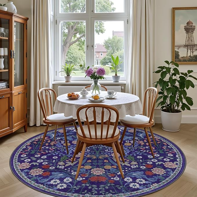 Round Area Rug for Living Room: 4 ft Floral Washable Circle Rug Soft Boho - Image 4