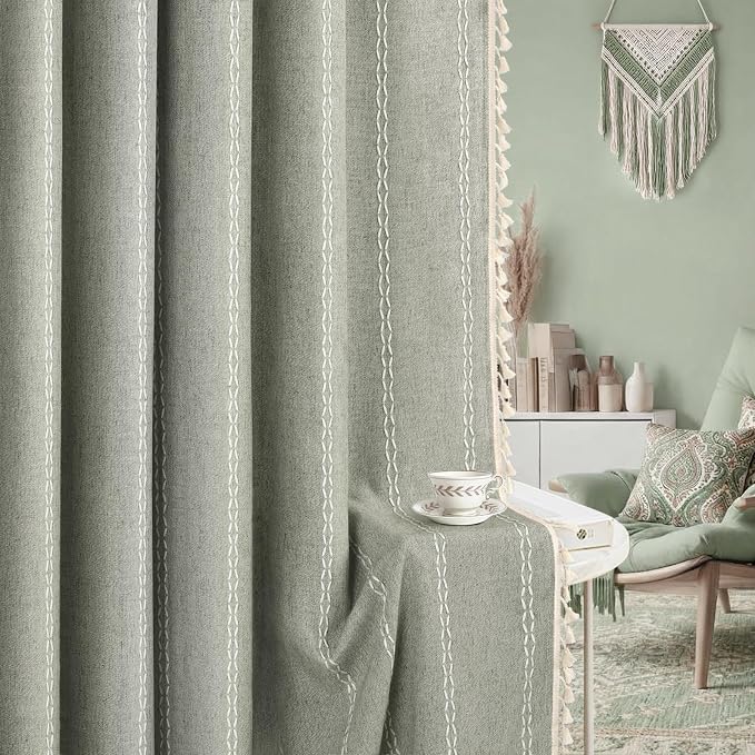 Boho Blackout Curtains 90 Inches Long Sage Green Linen Blend 2 Panels - Image 7