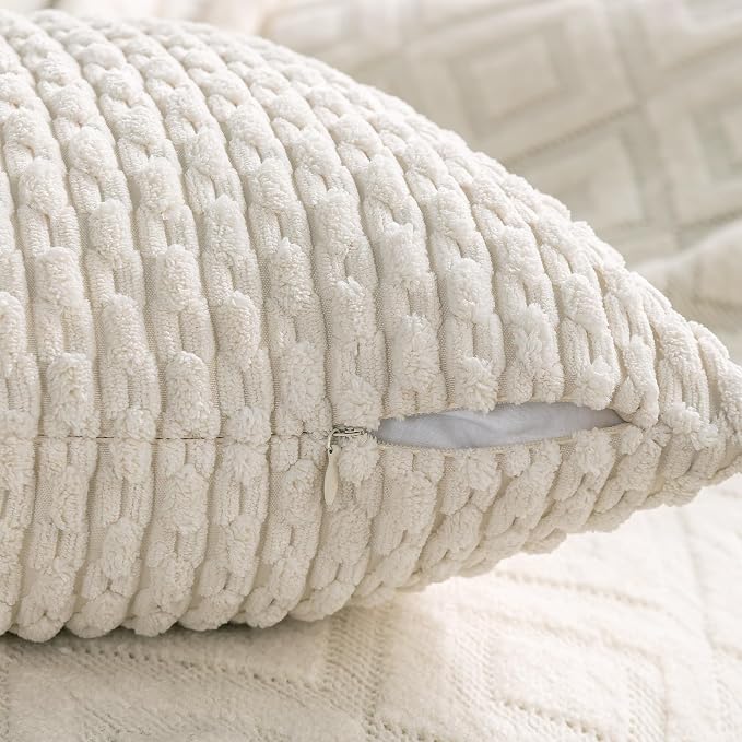 Set of 4 Grey White Taupe Decorative Throw Pillow Covers 24x24 Inch Corduroy - Image 6