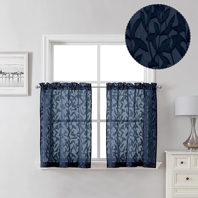 Lecloud Leia Navy Blue Sheer Cafe Curtains 24 Inch Length 2 Pieces, Jacquard by Lecloud