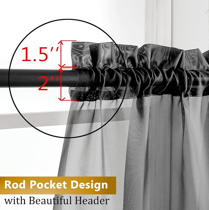 Aiyufeng Black Sheer Curtains for Windows 54 inch Long 2 Panel Set, Rod Pocket - Image 5