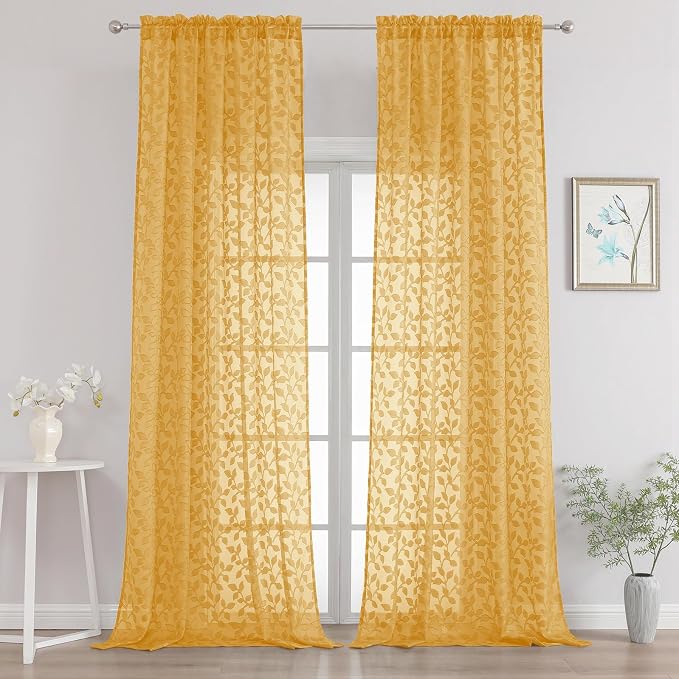 Chyhomenyc Extra Long Gold Sheer Curtains 108 Inch Length 2 Panels Set by Chyhomenyc