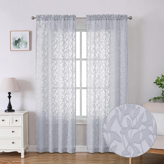 Lecloud Leia Light Grey Sheer Curtains 84 Inches Long 2 Panels, Semi Sheer by Lecloud