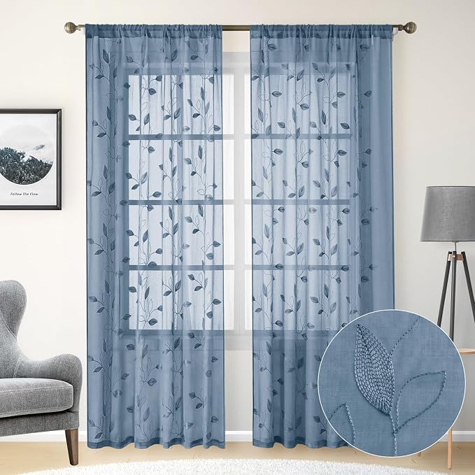 HOMEIDEAS Stone Blue Floral Sheer Curtains 84 Inches Long 2 Panels Embroidered - Image 2